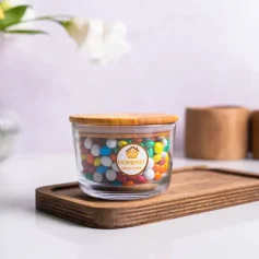 ظرف شيشه اي گرد 190ml هومکت (درب چوبي)