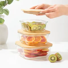 ظروف نگهدارنده غذا مربع با درب چوبی شفاف هوم کت